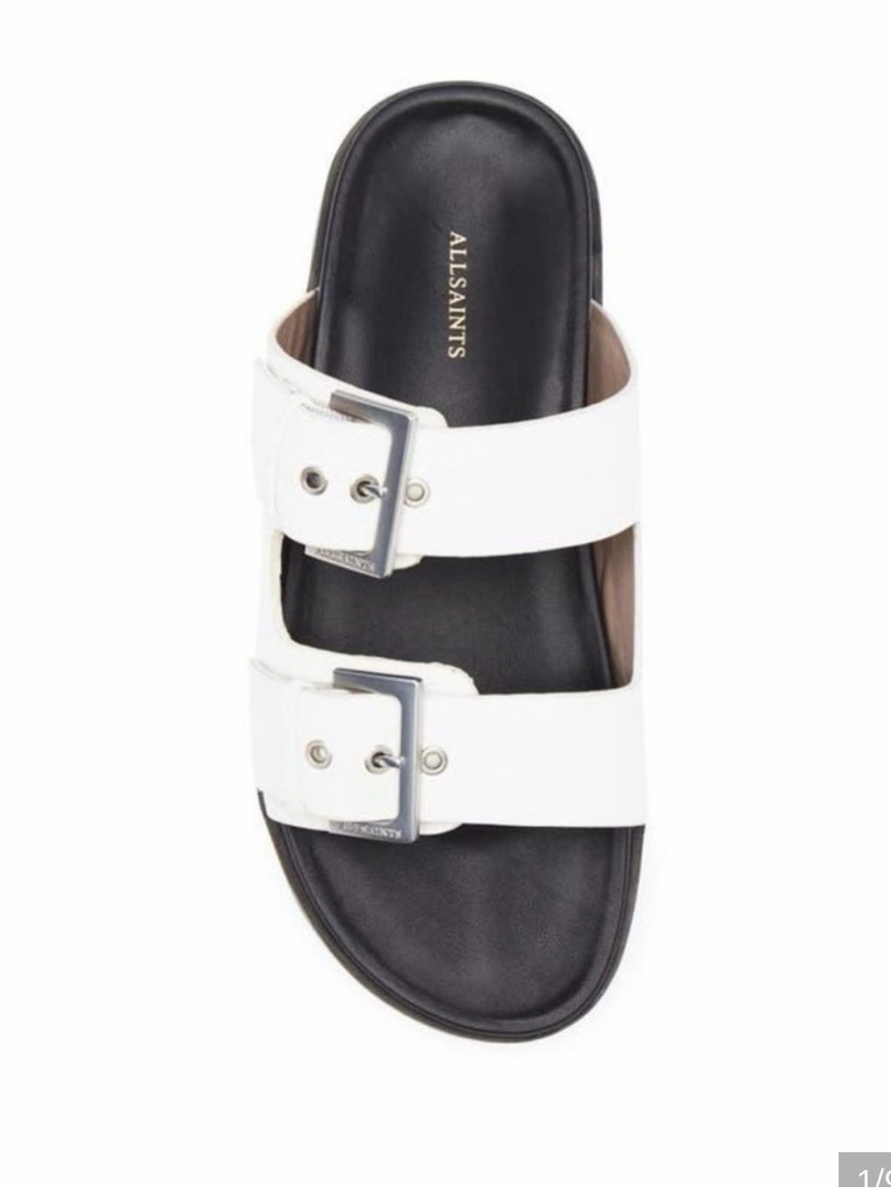 All Saints MIA White Leather Double-Buckle strap Slide Sandal